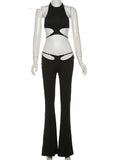 Hollow Straps 2 Piece Sets Woman Summer Sexy Solid Halter Backless Tops+Sequined Flared Pants Party Skinny Outfits