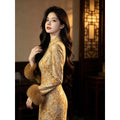 Improved Cheongsam Dress with Gold Wire Knitted Water Droplet Thick Style Retro High-end Cheongsam Autumn Long Sleeved Design