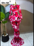 Women Tie Dye Printed Stacked Ruched Long Sleeve Midi Bodycon Maxi Long Dress Birthday Party Education Trendy Dresses