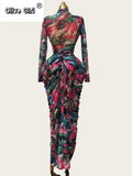 Tie Dye Printed Women Set Wrap Crop Top + Ruched Maxi Skirt 2026 Summer Beach Vacation Birthday Two Piece Set Outfits