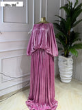 Women Shiny Fuchsia Drawstring Neck Batwing Sleeve Maxi Pleated Dress Fall Street Party Sweet Beach Elegant Long Dresses