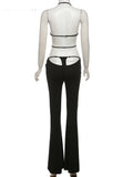 Hollow Straps 2 Piece Sets Woman Summer Sexy Solid Halter Backless Tops+Sequined Flared Pants Party Skinny Outfits