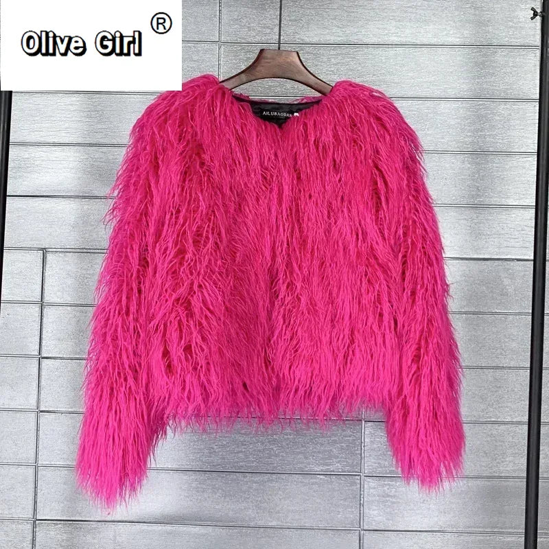 Solid Faux Fur Coats  Women Full Sleeve O-neck Open Stitch Covered Button Fur Jackets Winter Autumn Warm New Fashion