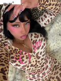 Leopard Letter Print 2 Piece Set Women Tracksuit Sporty Casual Hooded Crop Jacket+Flare Pants Stretch Matching Suits
