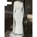 Asymmetric Cape Lace Trimmed Mermaid Maxi Dress High Neck Long Sleeve Civil Wedding Sleek Crepe Formal Evening Gown 2026