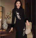 Embroidery Dress Qipao Slim-fit Black Long Sleeve Fleece Cheongsam Dress Women's Clothes