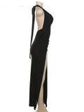 Halter Backless Dress Women Summer Trend Elegant Side Split Deep V-Neck Long Bodycon Midnight Party Ruched Vestidos