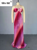 Elegant Sleeveless Sweet Strapless Gradient Floor-Length Long Women Dress Beach Party Evening Sexy Pleated Dresses
