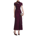 Elegant Business Style Purple Sparkle Gown for Women Asymmetrical Neck Short Sleeves Ruched Waist Skirt for Wedding Toasts