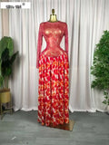 Women Long Sleeve Tie Dye Print O-neck Big Swing Midi A-line Long Maxi Dress 2026 Elegant Evening Birthday Party Dresses