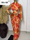 Tie Dye Printed Women Set Wrap Crop Top + Ruched Maxi Skirt 2026 Summer Beach Vacation Birthday Two Piece Set Outfits