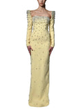 Sparkling Luxury Diamond Crystal Square Neck Slim Long Dress Women'S Elegant Celebrity Evening Party Wedding Gowns
