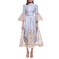 Blue Retro Romantic Floral Print Swing Dress for Women Stand Collar Flare Sleeve Waist Tie Design Mid Skirt for Travel Shoot