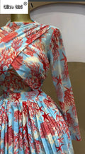 Women Leaf Print Long Sleeve O-neck Wrap Front Pleated Dress 2026 Elegant Romantic Vacation Party Birthday Dresses