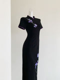 Black Retro Modified Short Sleeved Cheongsam Dress Embroidered with Flowers 2026 Slim and Sophisticated Suitable for Daily Wear