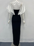 Sexy Women's Dress With Large Shoulders In White And a Cinched Waist With a v-Neck, Long Backless Bandage, And a Long Dress For