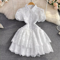 Women Short Sleeve Lace Embroidery A-line Tiered Mini Dress  Sweet Elegant Sexy Evening Night Party Vestidos Dresses