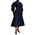 Retro Modern Tunic Design Coat for Women Lapel Puff Sleeve Splied Double Breasted Navyblue Midi Length Jackets Female Autumn