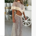 Silver Sequin Fringe 2 Piece Outfit Chic High‑neck Crop Top Mini Skirt Set 2026 Summer Beach Nightclub Party Women Matching Suit