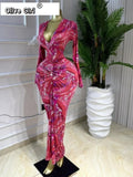 Women Printed Deep V-neck Stacked Ruched Bodycon Midi Maxi Dress 2026 Birthday Holiday Party Trendy Dresses Vestidos