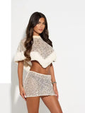 Silver Sequin Fringe 2 Piece Outfit Chic High‑neck Crop Top Mini Skirt Set 2026 Summer Beach Nightclub Party Women Matching Suit