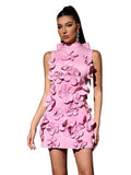 Spliced Appliques Elegant Dresses For Women Stand Collar Sleeveless High Waist Patchwork Zipper Mini Dress Female