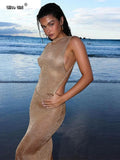 See Through Dress Female 2024Summer Thin Sleeveless Glitter Splits Coquette Backless Clubwear Beach Sexy Vestidos
