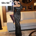 Women Autumn Winter Floor-Length Dress Elegant Long Sleeve Slash Neck Sequin Club Party Dresses Sexy Long Gown Maxi Dress