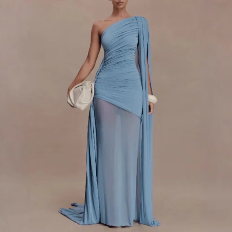 Luxurious Blue Diagonal Collar Sheer Mesh Maxi Dress for Women Off One Shoulder Cape Sleeves Ruched Waist for Dinner Party