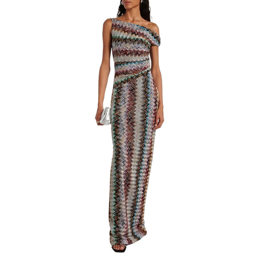 Vacations Colorful Print Maxi Dress for Women Off One Shoulder Slimming Zigzag Design Asymmetrical Skirt for Casual Outings