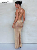 See Through Dress Female 2024Summer Thin Sleeveless Glitter Splits Coquette Backless Clubwear Beach Sexy Vestidos