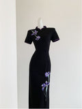 Black Retro Modified Short Sleeved Cheongsam Dress Embroidered with Flowers 2026 Slim and Sophisticated Suitable for Daily Wear