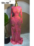 Women Tie Dye Printed Stacked Ruched Long Sleeve Midi Bodycon Maxi Long Dress Birthday Party Education Trendy Dresses