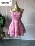 Women Rose Floral Spaghetti Strap Lace Up Back Midi Mini A-line Dress 2026 Street Birthday Party Dresses Trendy Vestidos