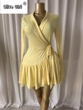 Women Tie Dye Print Flare Long Sleeve Wrap V-neck with Sashes Ruffle Dress 2026 Elegant Vacation Party Birthday Dresses