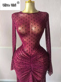 Women Flare Long Sleeve Stacked Dot Mesh See Though with Lining Maxi Long Dress 2025 Evening Birthday Sexy Party Dresses