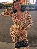 Leopard Letter Print 2 Piece Set Women Tracksuit Sporty Casual Hooded Crop Jacket+Flare Pants Stretch Matching Suits