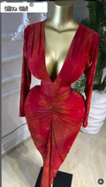 Women Printed Deep V-neck Stacked Ruched Bodycon Midi Maxi Dress 2026 Birthday Holiday Party Trendy Dresses Vestidos