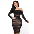Sexy Black Mesh Summer Dress Women Slash Neck Folds Bodycon Dress Woman Party Night Vintage Elegant Dress Ladies Vestidos