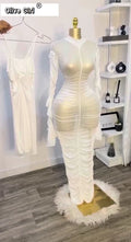 Women Flare Long Sleeve Stacked Ruched Mesh See Though with Tank Dress Maxi Long Dress 2025 Birthday Sexy Party Dresses