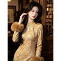 Improved Cheongsam Dress with Gold Wire Knitted Water Droplet Thick Style Retro High-end Cheongsam Autumn Long Sleeved Design