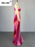 Elegant Sleeveless Sweet Strapless Gradient Floor-Length Long Women Dress Beach Party Evening Sexy Pleated Dresses
