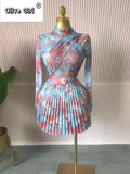 Women Leaf Print Long Sleeve O-neck Wrap Front Pleated Dress 2026 Elegant Romantic Vacation Party Birthday Dresses