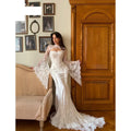 Flare Sleeves High Neck Mermaid Maxi Dress Corset Bodice Floral Lace Bridal Reception Long Train Formal Evening Gala 2026