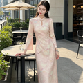 Butterfly Print Dress Knitted Cheongsam for Women Clothing 2026 New Style Pink Butterfly Spring and Autumn Slim Fit Daily Dress