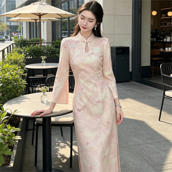 Butterfly Print Dress Knitted Cheongsam for Women Clothing 2026 New Style Pink Butterfly Spring and Autumn Slim Fit Daily Dress