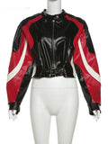 Zip Women Varsity Jacket Faux Leather Patchwork Cinched Waist Autumn Fashion Wild Street Hipster Uniform Crop Coat