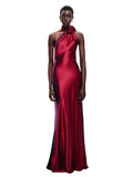 Elegant Solid 3D Flowers Ribbon Women Halter Dress Off Shoulder Sleeveless Backless Slim Female Maxi Dresses Chic Lady Robe