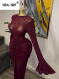 Women Flare Long Sleeve Stacked Dot Mesh See Though with Lining Maxi Long Dress 2025 Evening Birthday Sexy Party Dresses