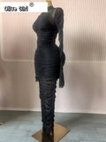 Women Flare Long Sleeve Stacked Ruched Mesh See Though with Tank Dress Maxi Long Dress 2025 Birthday Sexy Party Dresses